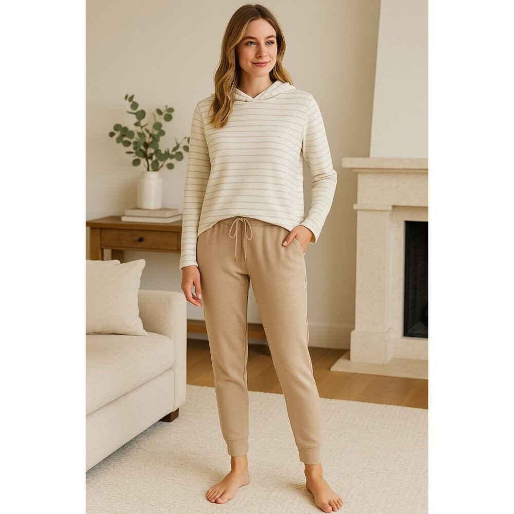 Max & Mia M 2 Piece Stripe Waffle Knit Top Lounge Set Hoodie Shirt Jogger Pants